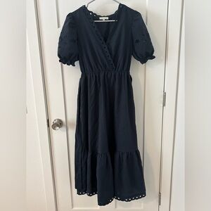 Moon River Navy Blue Eyelet Puff Sleeve Midi Dress XS (Fits S/M)